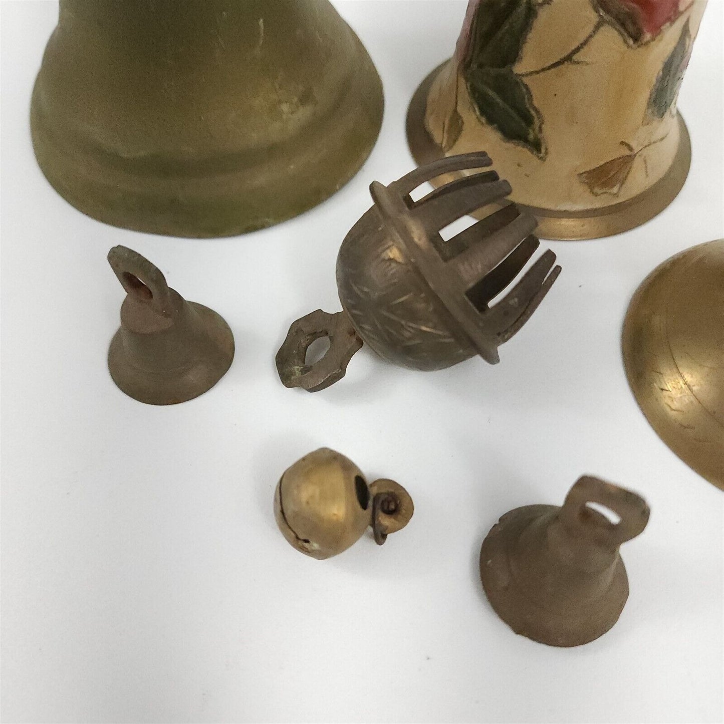 7 Vintage Brass Bells India Claw Enamel