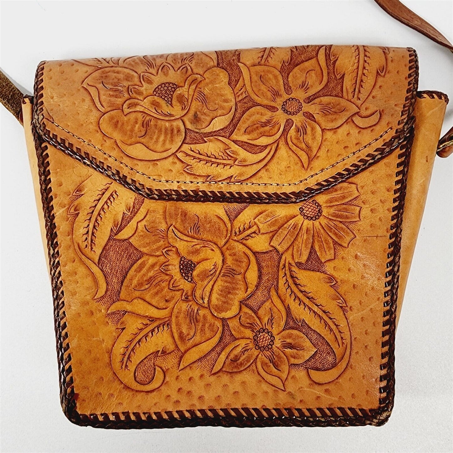 Vintage Hand Tooled Leather Purse Western Floral Laced Shoulder Bag GMB Initials