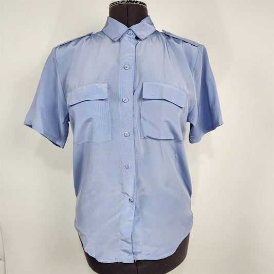 Vintage Maygene Light Blue Short Sleeve Collared Shirt Blouse Womens Size M