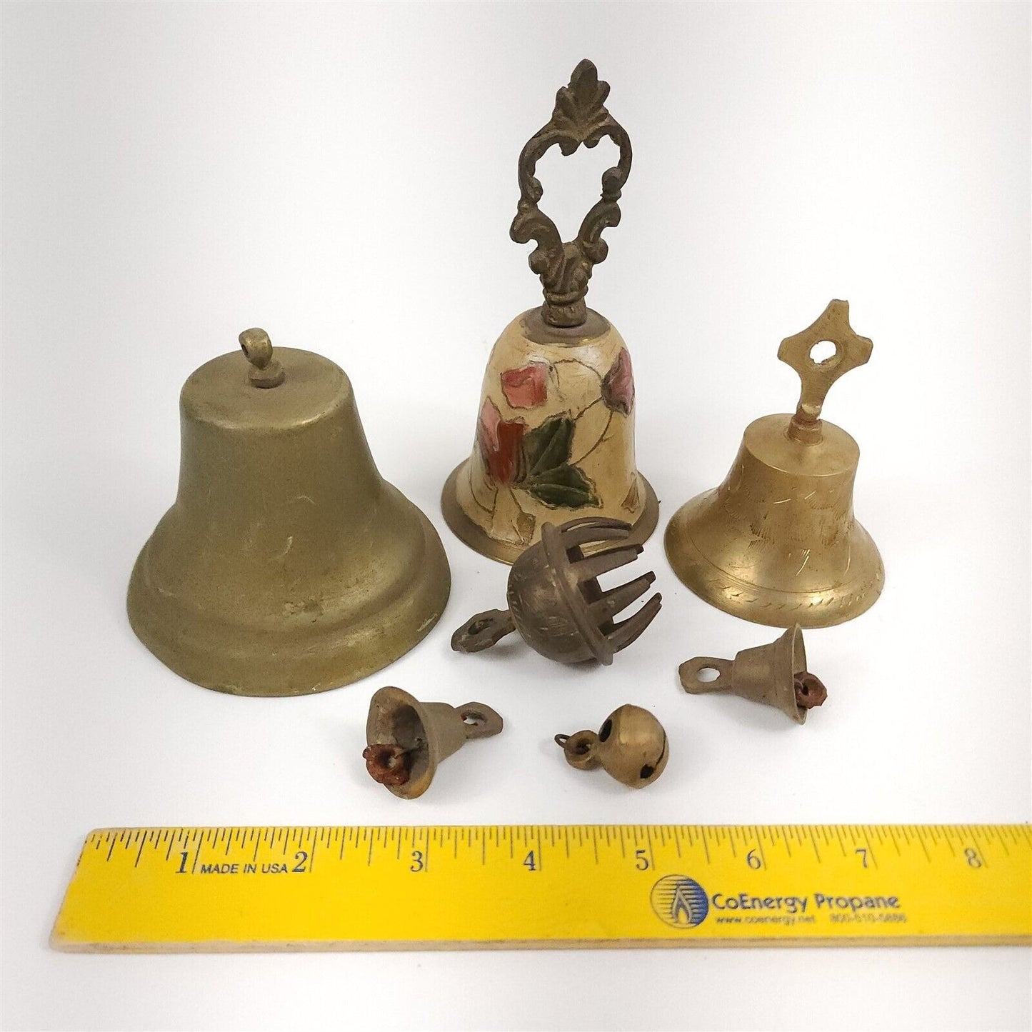 7 Vintage Brass Bells India Claw Enamel
