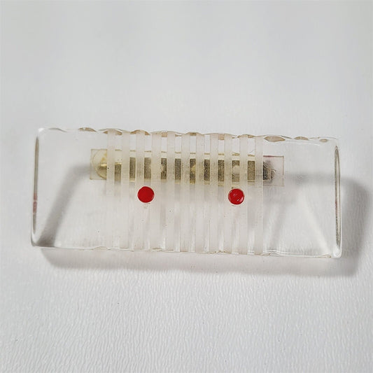 Vintage Clear Lucite Carved Striped Pin Brooch Red Dots Domino Rectangle