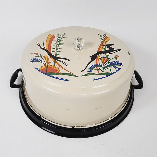 Vintage Art Deco Enamelware Covered Cake Platter Gazelle Chased by Dog