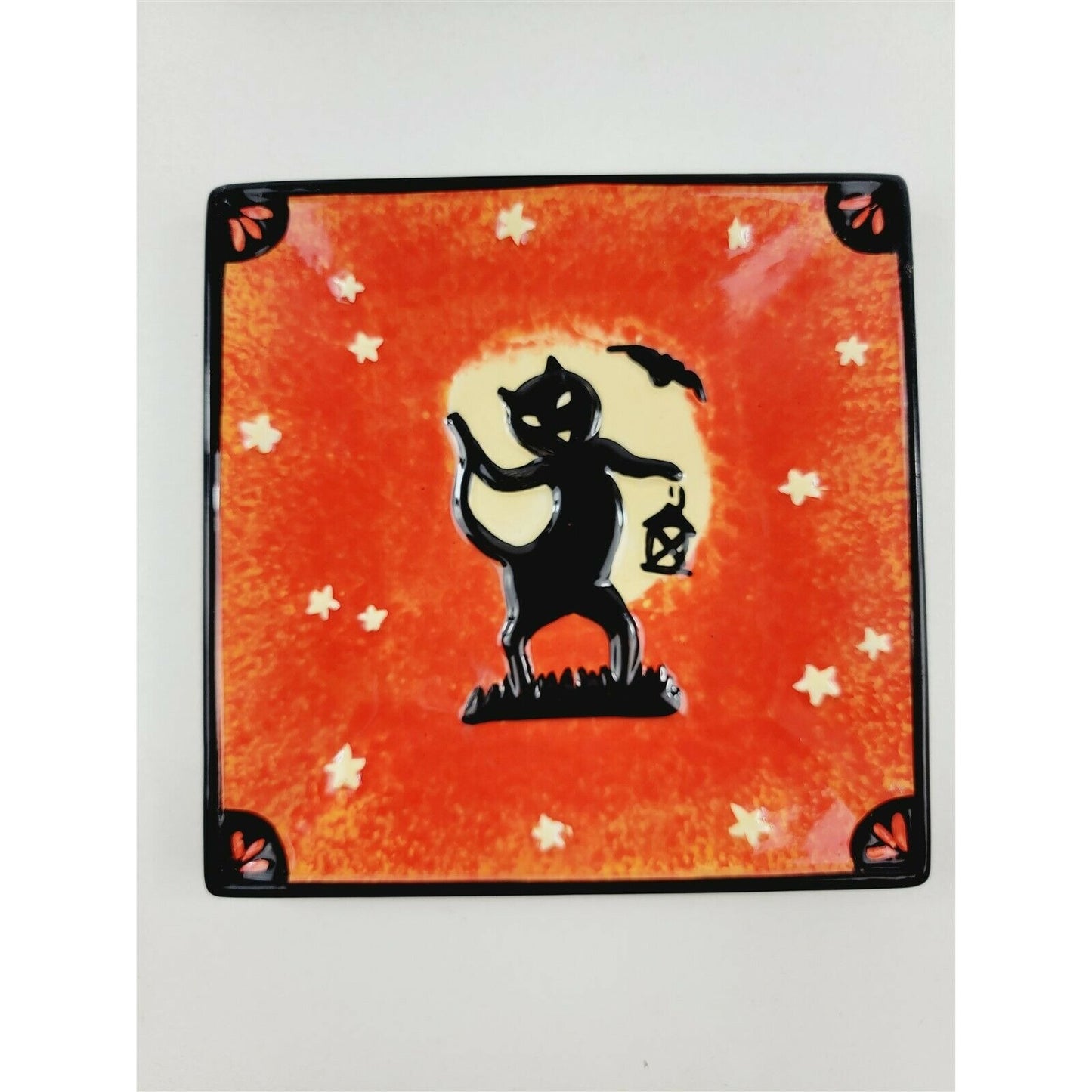 2 Vintage Handpainted Halloween Square Plates Black Cat Witch Riding Broom 6"