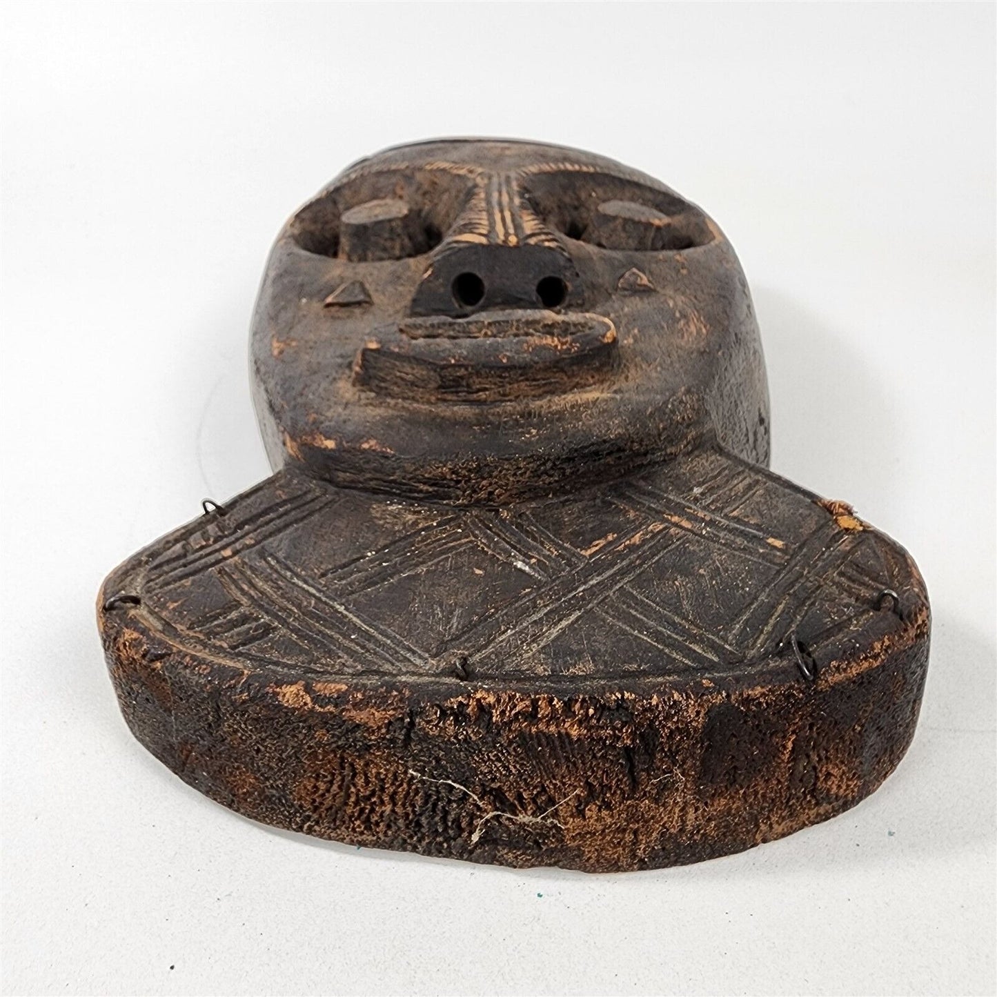 Vintage African Wood Carved Tribal Art Mask Face Dark Wood - 13 1/8"