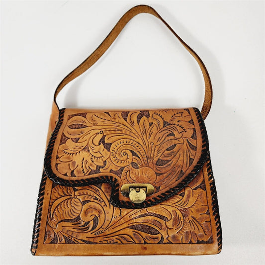 Vintage Hand Tooled Leather Purse Western Floral Laced Handbag Purse Boho