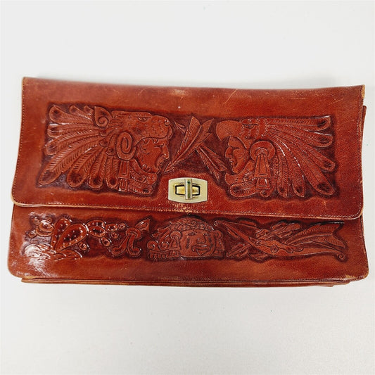 Vintage Hand Tooled Leather Purse Western Indian Eagle Head Aztec Clutch Bag