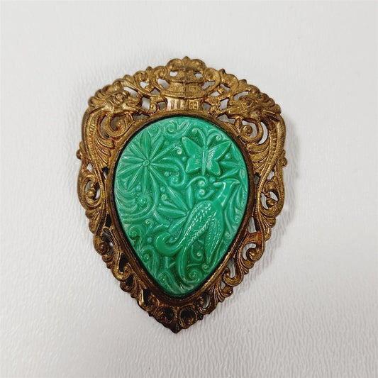 Vintage Asian Green Faux Jade Carved Bird Openwork Brooch