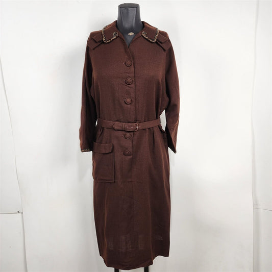 Vintage 1950s Lipman Wolfe Co. Brown 3/4 Sleeve Dress with Beaded Trim
