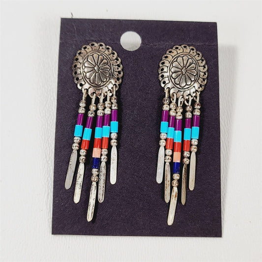 Vtg Native American Sterling Silver Concho Beaded Drop Dangle Earrings