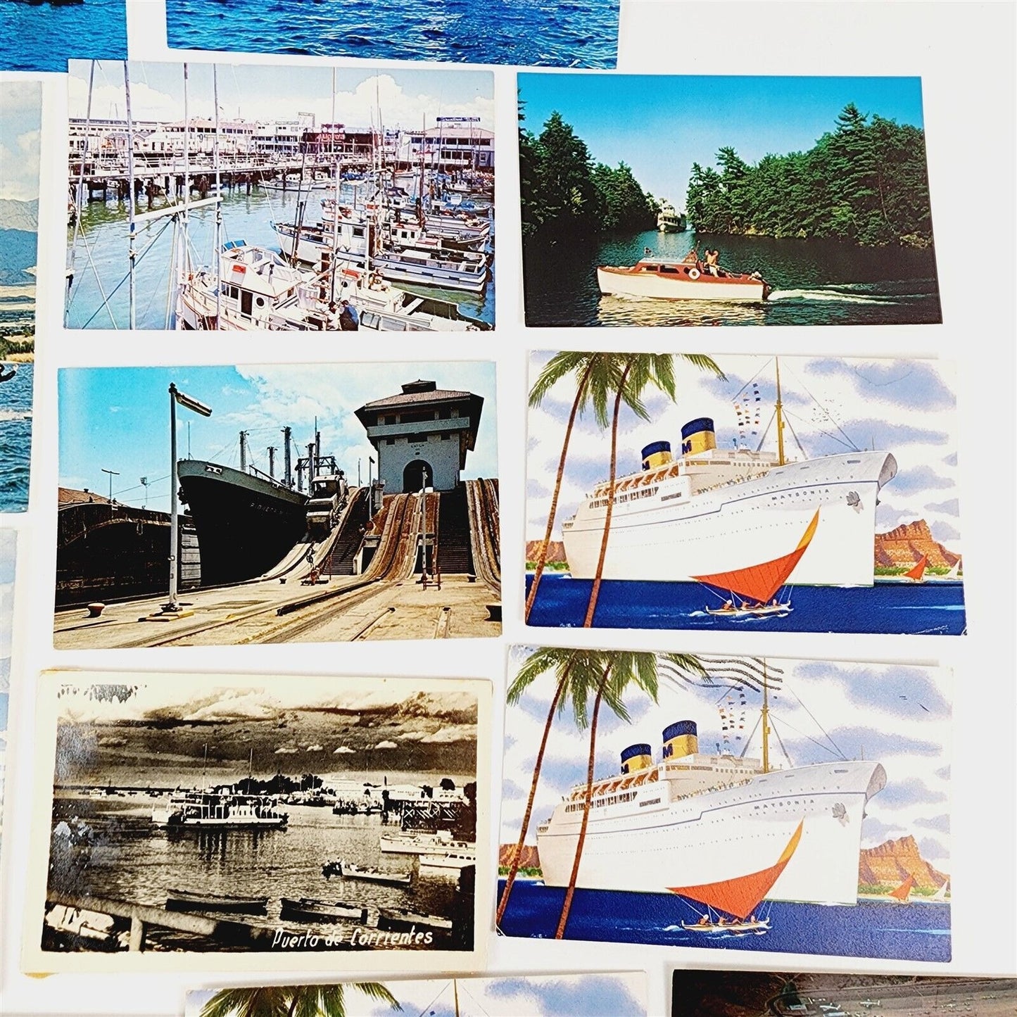 19 Vintage Postcards Trains Boats Sailboats Cruise Ships 1950s pre-1980s