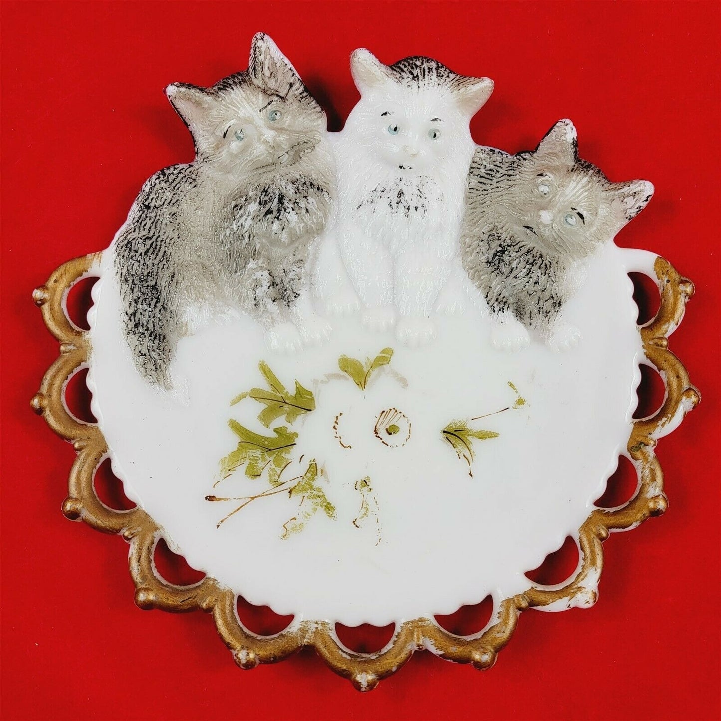 3 Vintage Milk Glass Plates Kitten Trio Painted Lace Border Floral