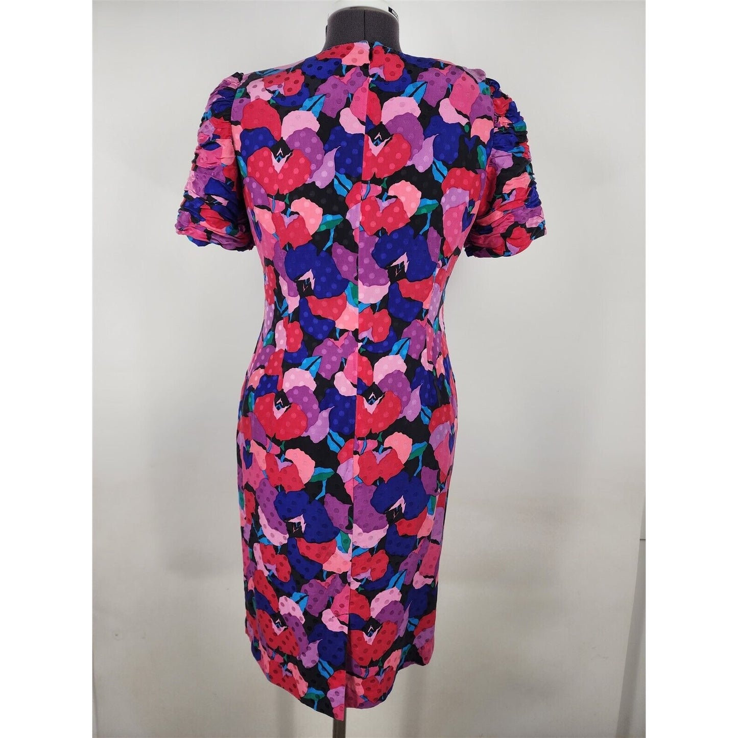 Vintage 80s Vibrant Print Silk Dress Short Sleeve Colorful Hot Pink Red Size 10P