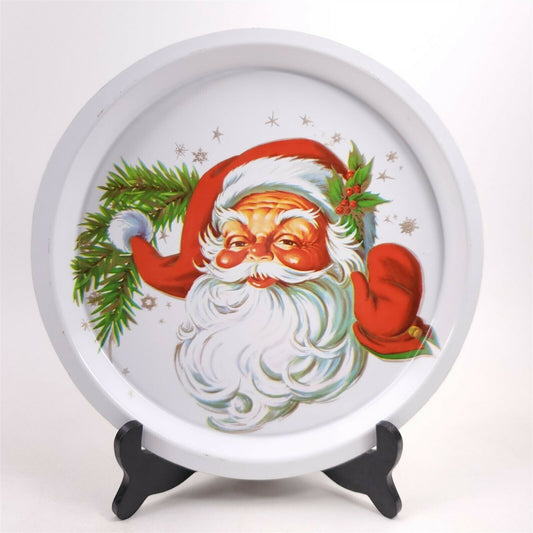 Vintage Santa Claus Plastic Christmas Round Cookie Serving Tray MCM 11"