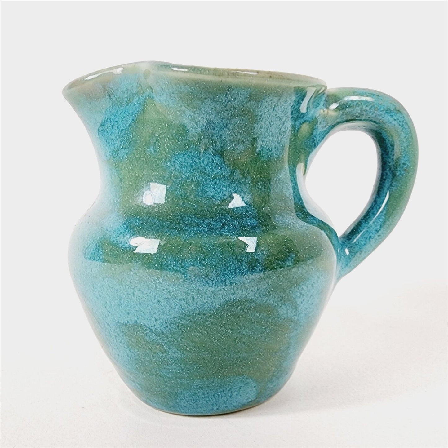Vintage Pisgah Forest Pottery Pitcher Creamer Blue Green Pink Inside - 4" tall