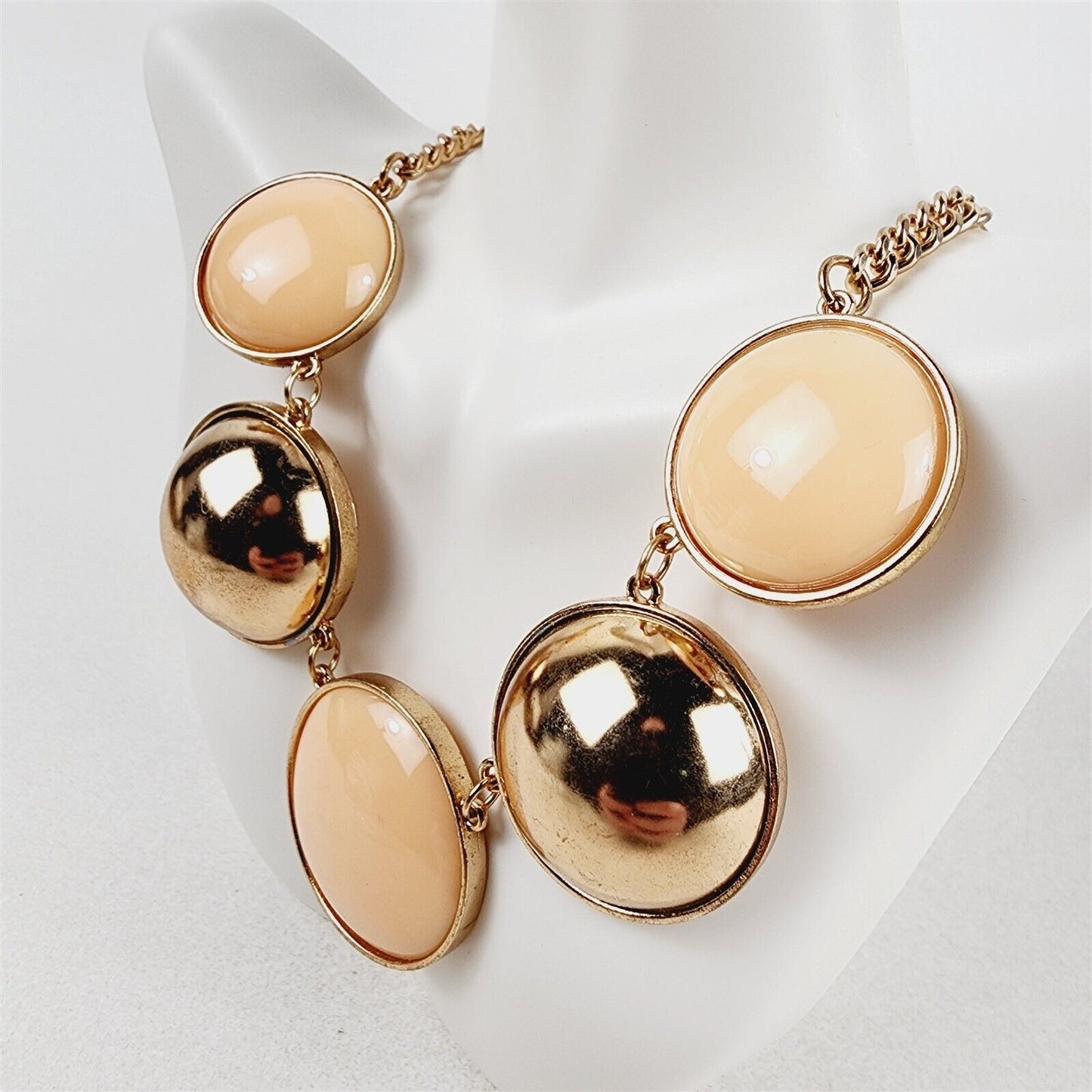 Gold & Pink Round Dome Necklace Earrings Fashion Jewelry Set