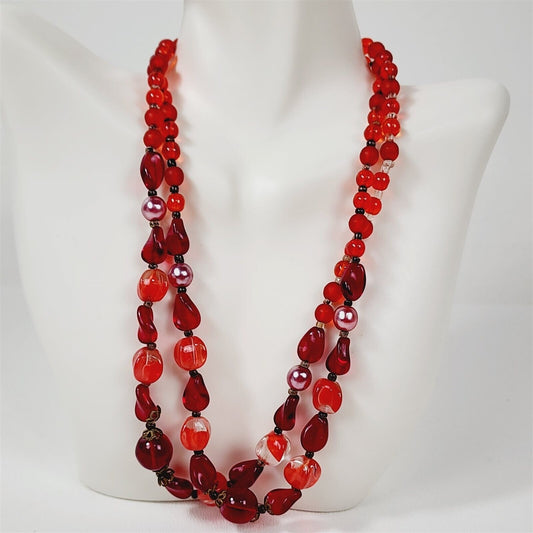 Vintage Red Art Glass Double Strand Beaded Necklace - 16"