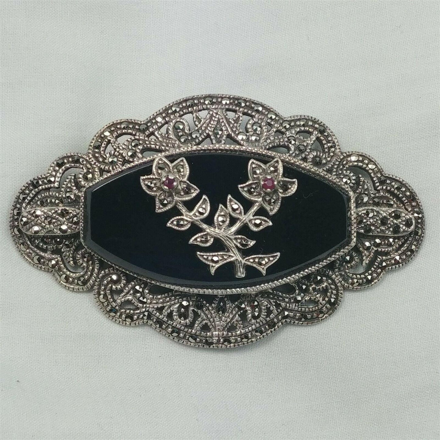 925 Sterling Silver Obsidian Marcasite Victorian Style Brooch Pin Flowers Rubies