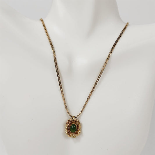 Vintage Krementz Gold Tone Green Stone Pendant Necklace