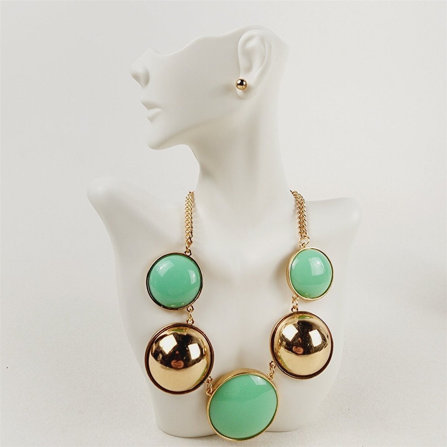 Gold & Mint Round Dome Necklace Earrings Fashion Jewelry Set
