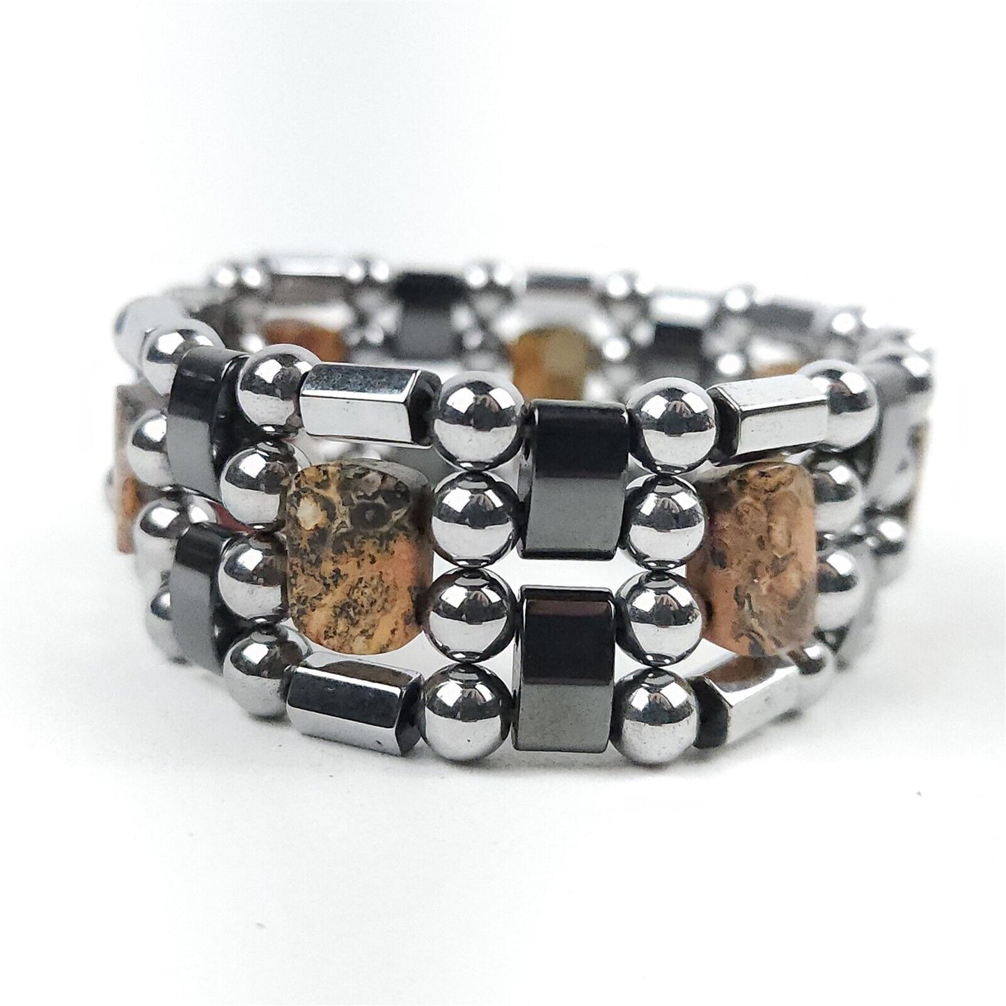 Black & Silver Jasper Natural Stone Magnetic Bracelet Therapeutic Quad