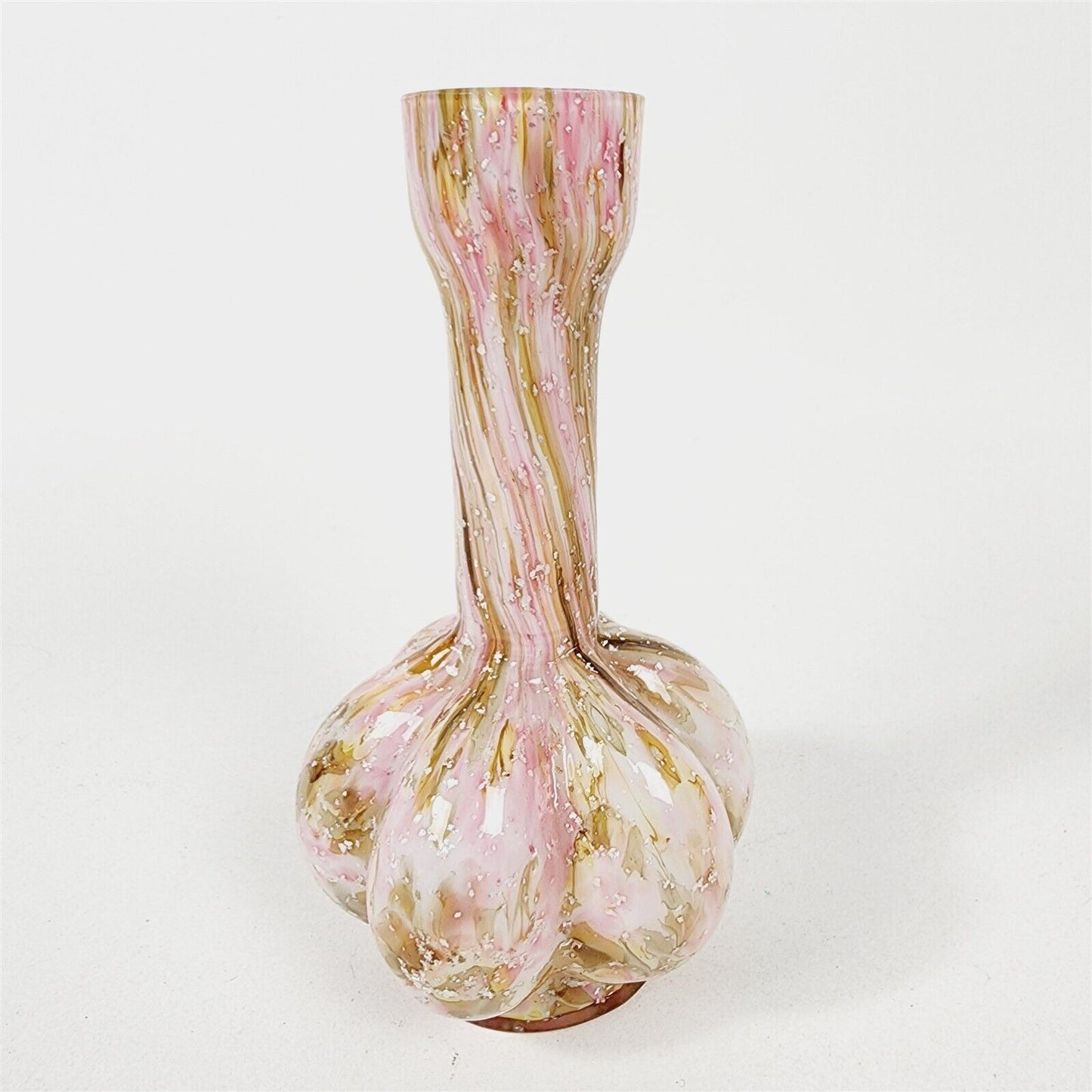 Vintage Mica Lobed Onion Skin Cased Glass Art Vase Pink Green Swirl - 6 1/2"