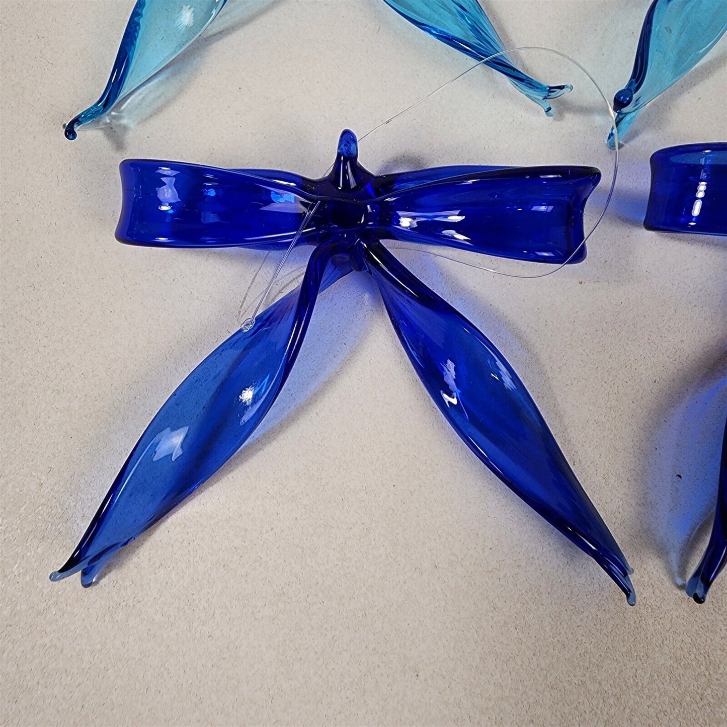 4 Art Glass Ribbons Bows Handmade Ornaments 2 Light Blue 2 Dark Blue