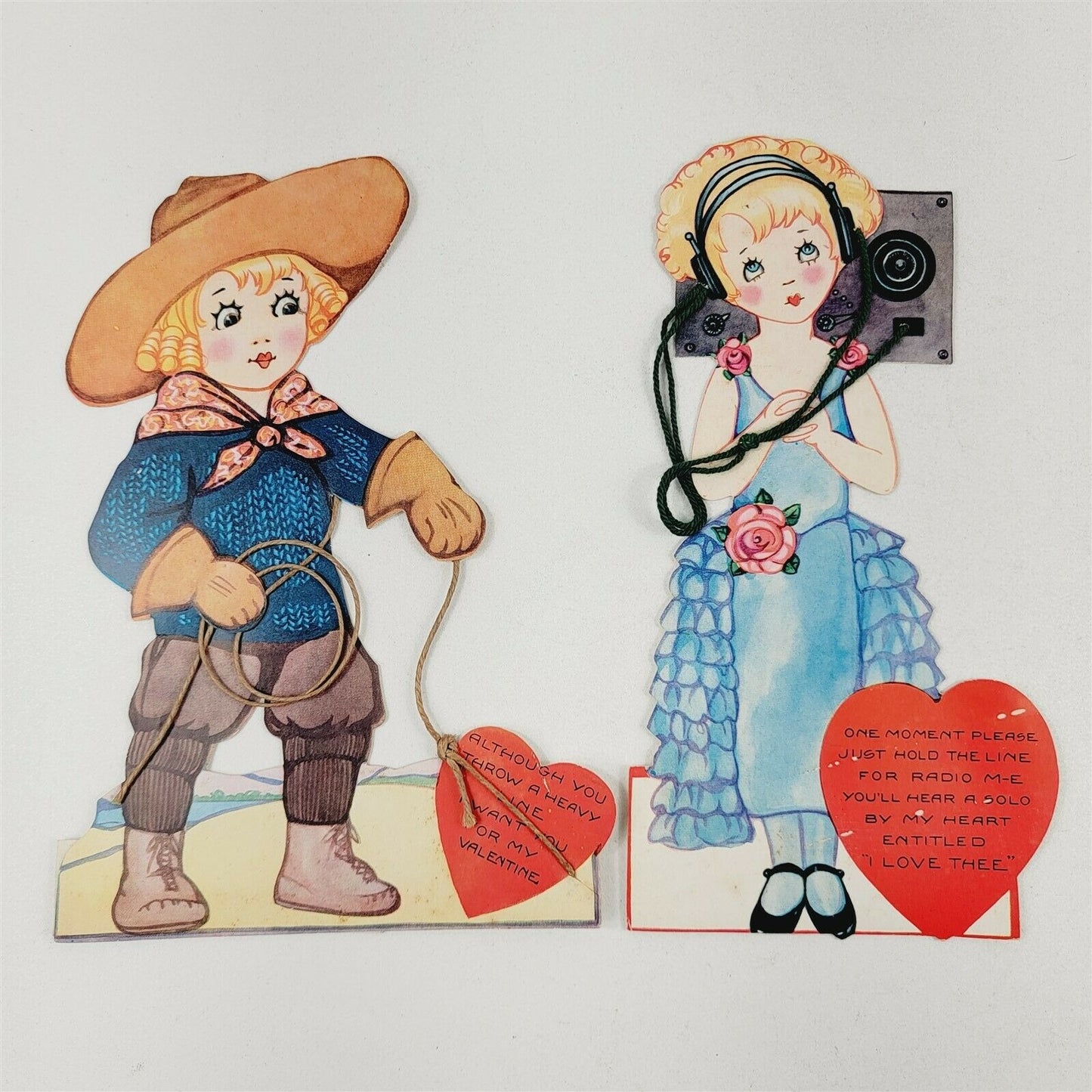 7 Vintage Valentines Victorian Figural Cowgirl Radio Girl Honeycomb Centerpiece