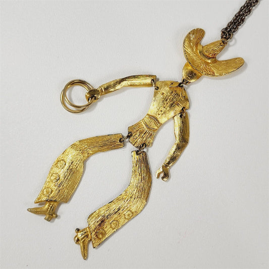 Vintage Articulated Jointed Gold Tone Large Cowboy Western Pendant Necklace