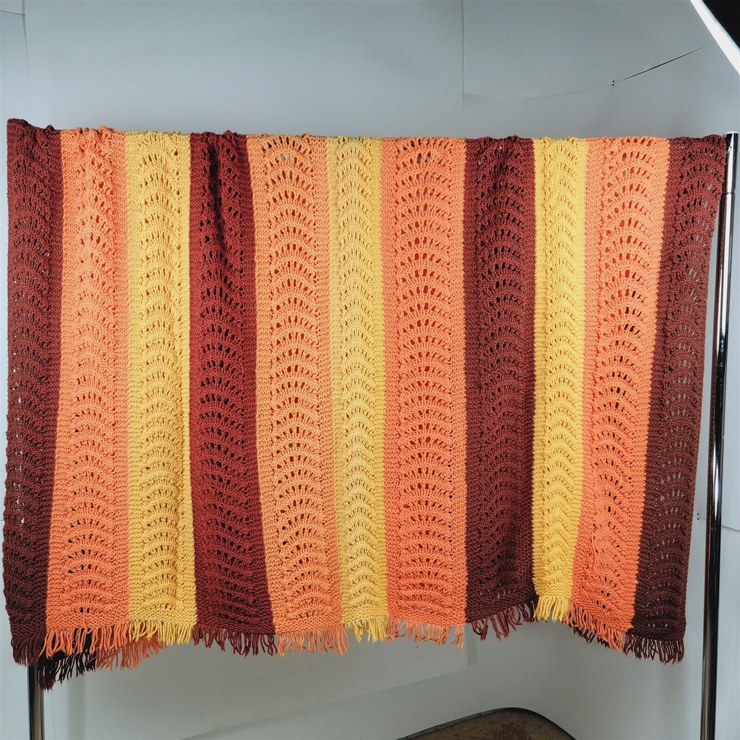 Vintage Yellow Orange Brown Harvest Autumn Crochet Afghan Blanket Handmade 74x80