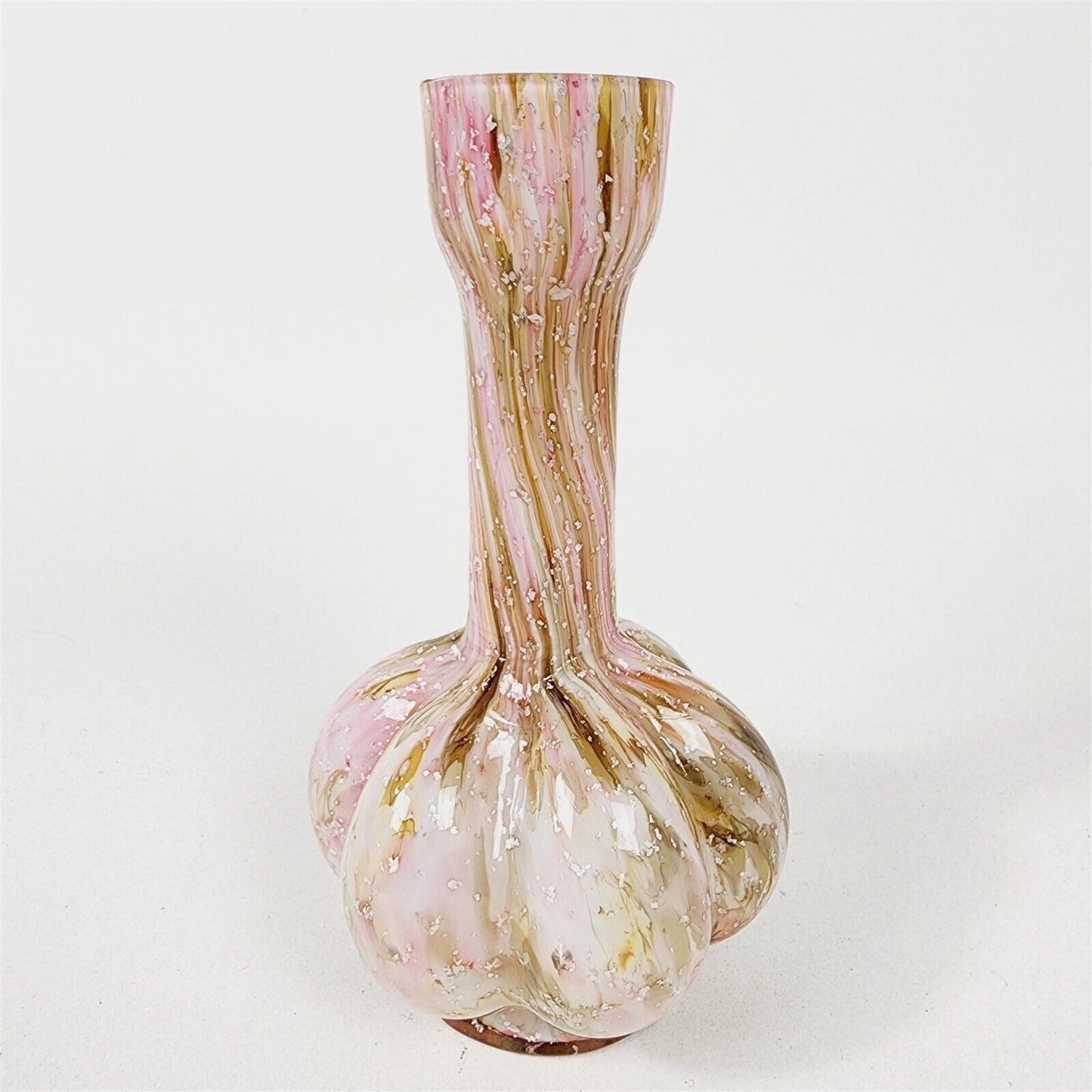 Vintage Mica Lobed Onion Skin Cased Glass Art Vase Pink Green Swirl - 6 1/2"