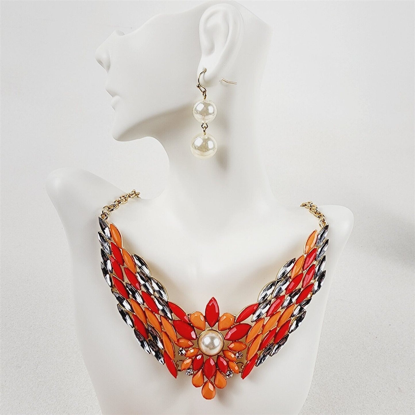 Red Orange Pearl Marquis Floral Necklace Earrings Fashion Jewelry Set