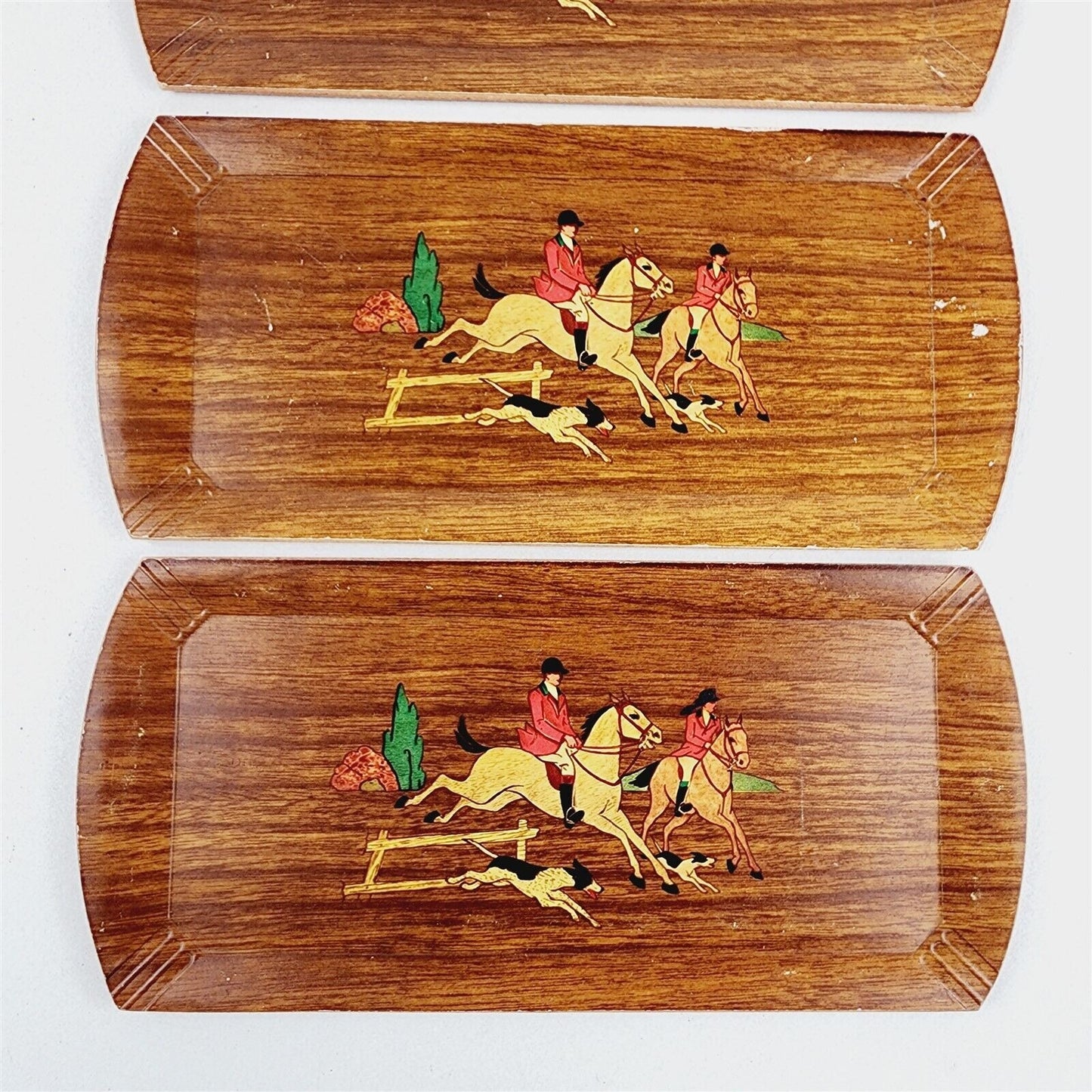 11 Vintage Hasko Party Trays Equestiran Horse Jumping Dogs Hunt Litho Wood Grain