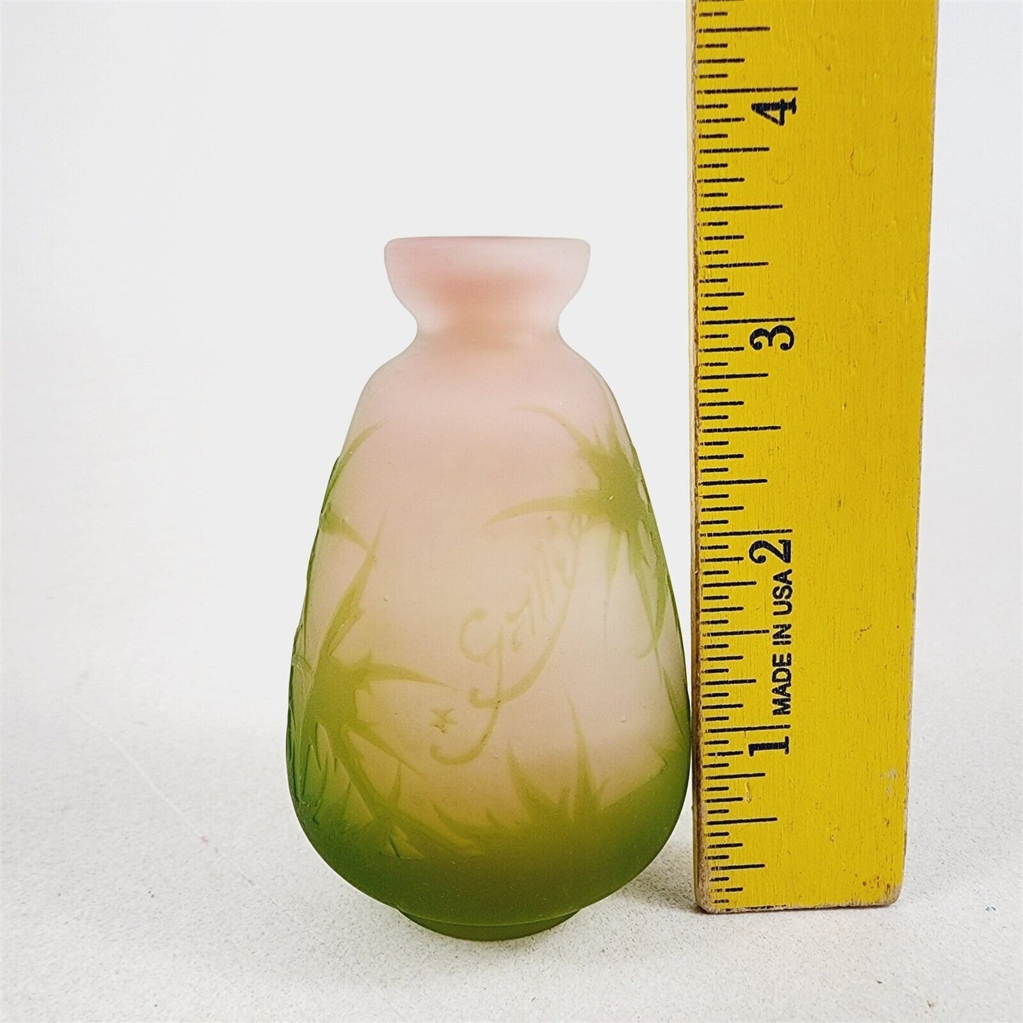Vintage Galle Cameo Cabinet Vase Pink Green Bud Thistle Pattern w/ Star - 3 1/2"