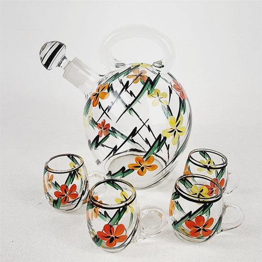 Vintage Handmade Painted Glass Decanter Set w/ Handle Floral - 7" tall