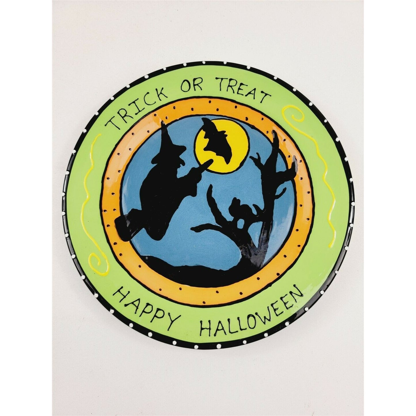 2 Hand Painted Happy Halloween Trick or Treat Plates Witch Spider Web Ghost Bat