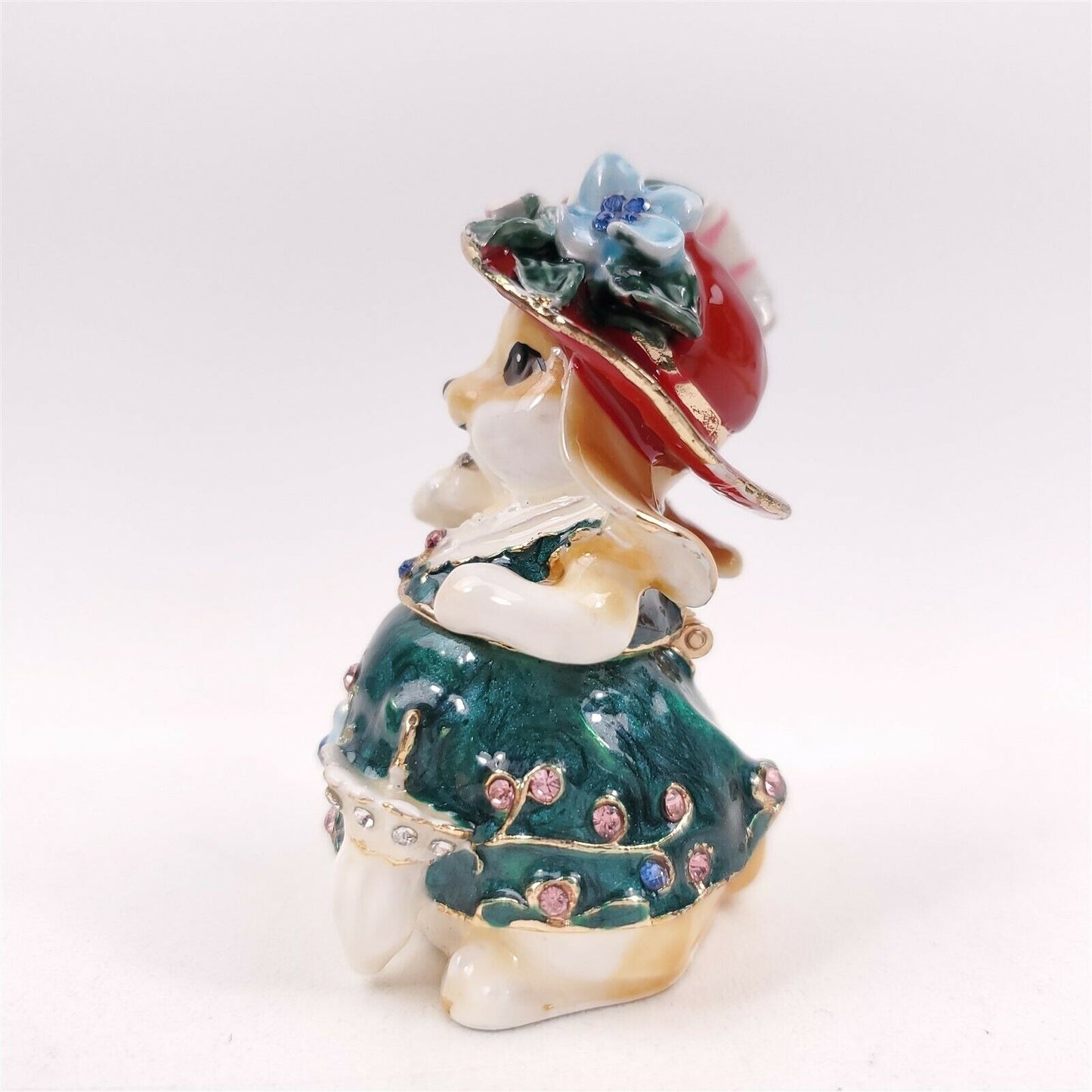 Rabbit Girl Hat Dress Enamel Trinket Pill Holder Vanity Hinged w/ Box