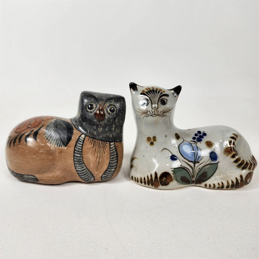 2 Vintage Tonala Cats Mexico Ceramic Figurines Signed
