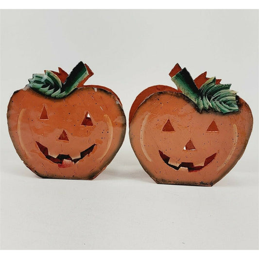Vintage Hand Painted Metal Pumpkin Candle Holders Double Sided Jack-O-Lantern