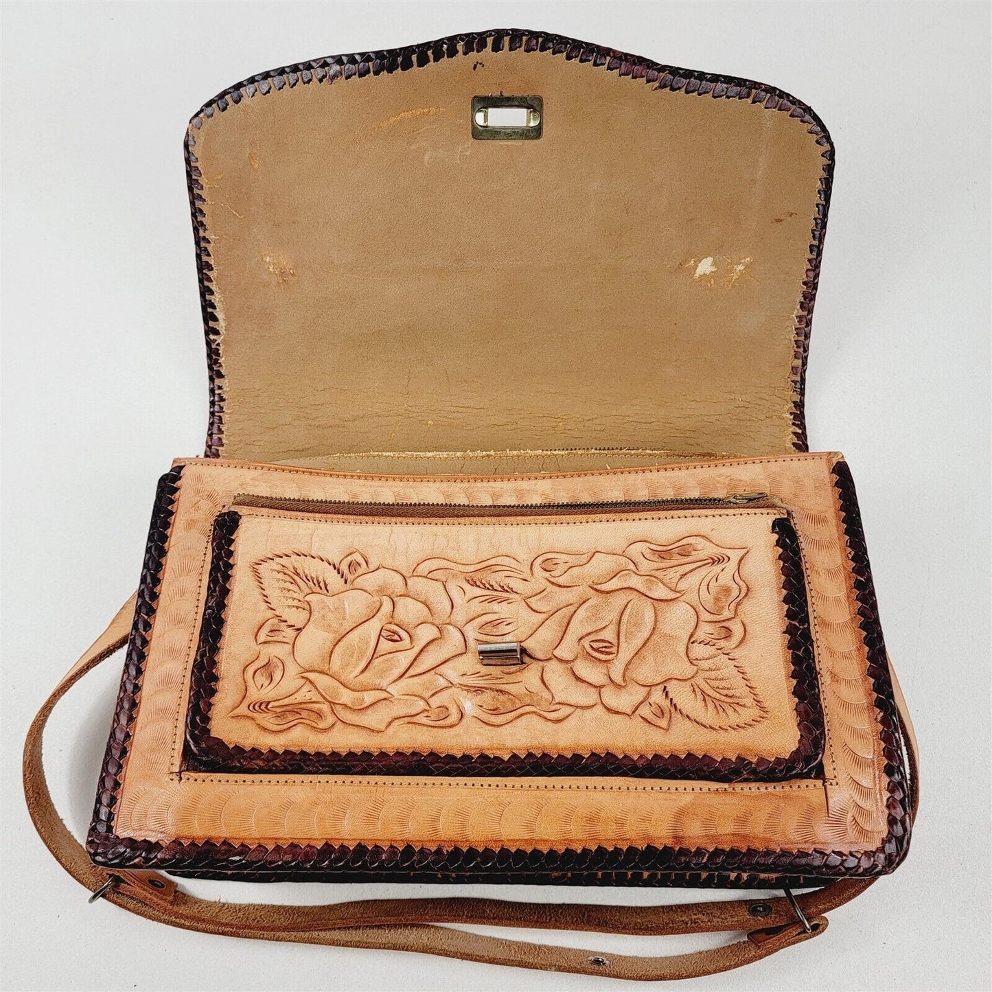 Vintage Hand Tooled Floral Leather Handbag Shoulder Bag Alaska Bighorn Sheep