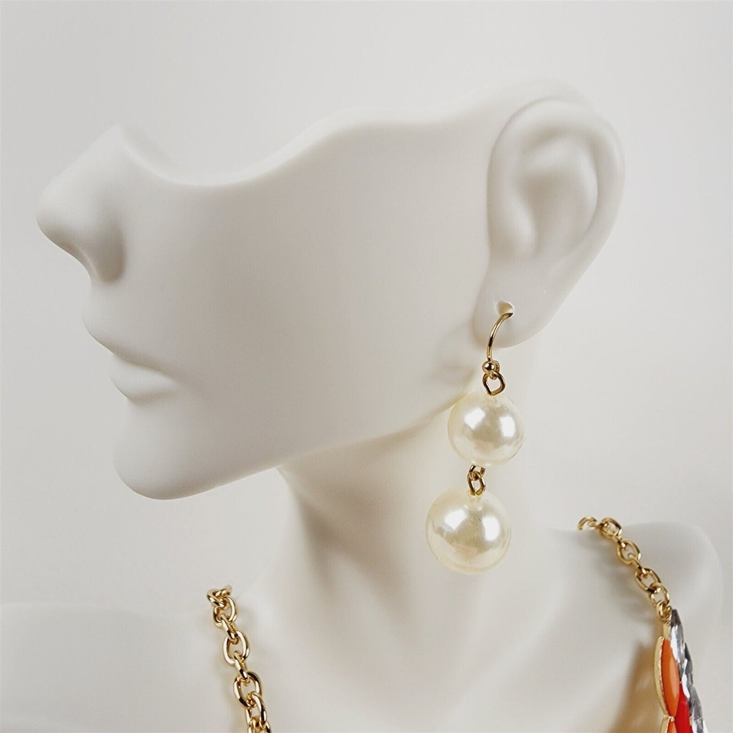 Red Orange Pearl Marquis Floral Necklace Earrings Fashion Jewelry Set