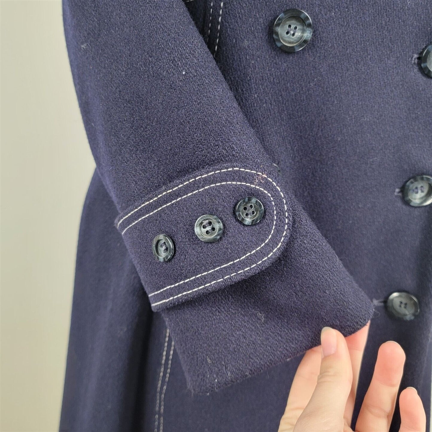 Vintage Bonders Navy Blue Long PeaCoat Double Breasted Hooded Jacket Womens M/L