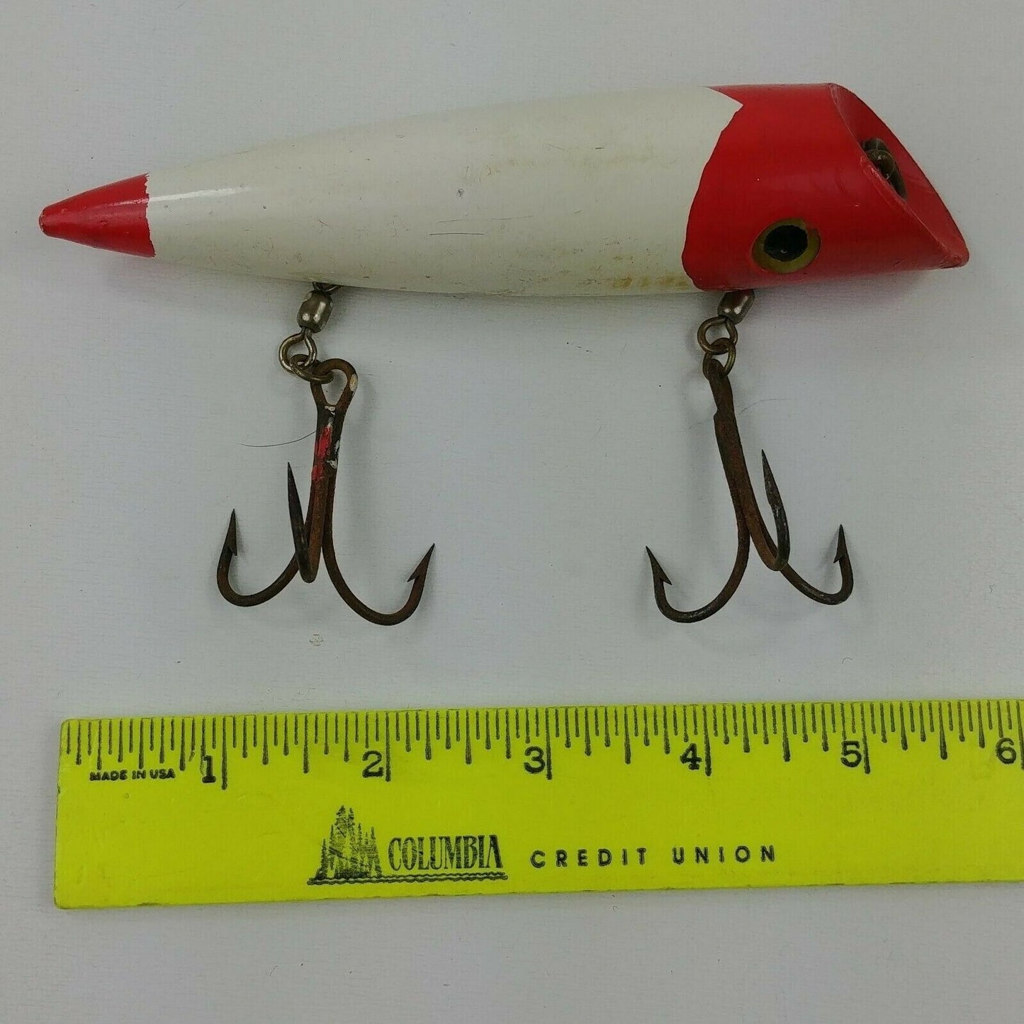 Vintage Large Red Wood Lure Red White Head & Tail - 6" Total Length
