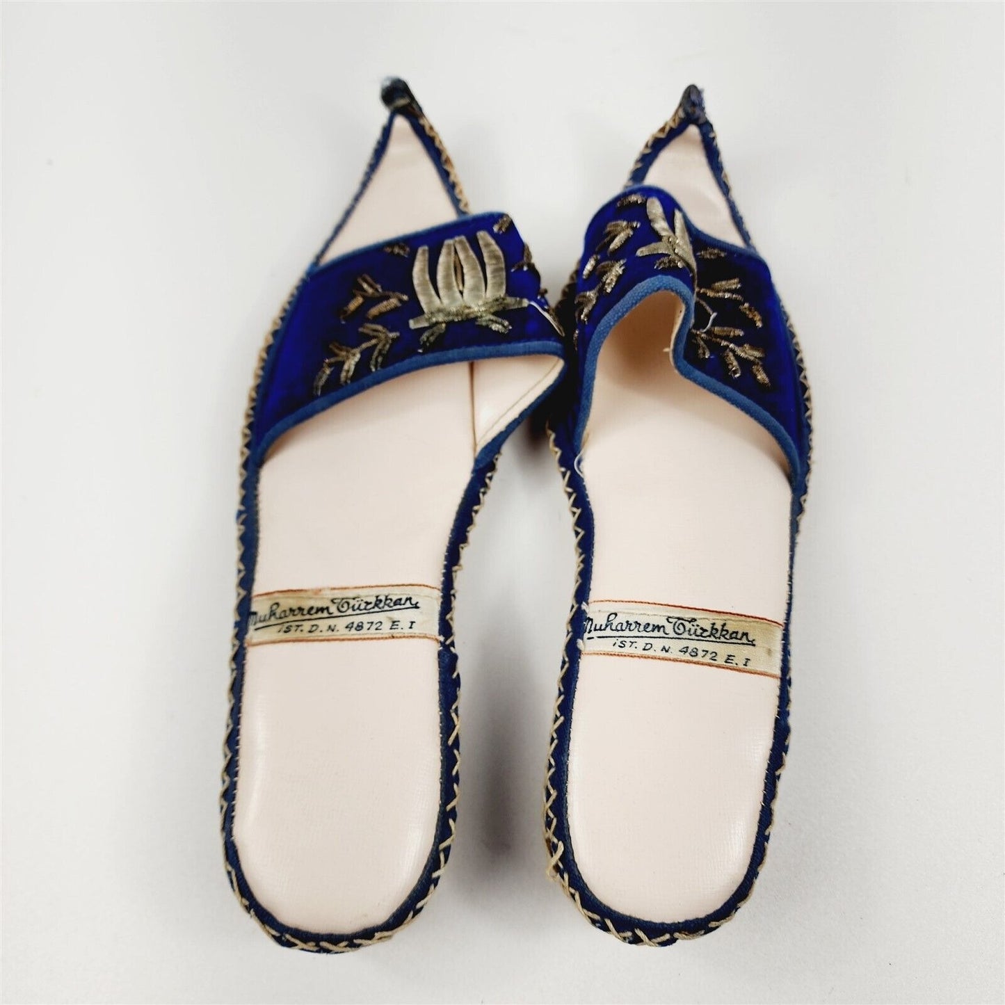 Vintage Turkish Ottoman Leather Silk Slippers Blue Velor Embroidered