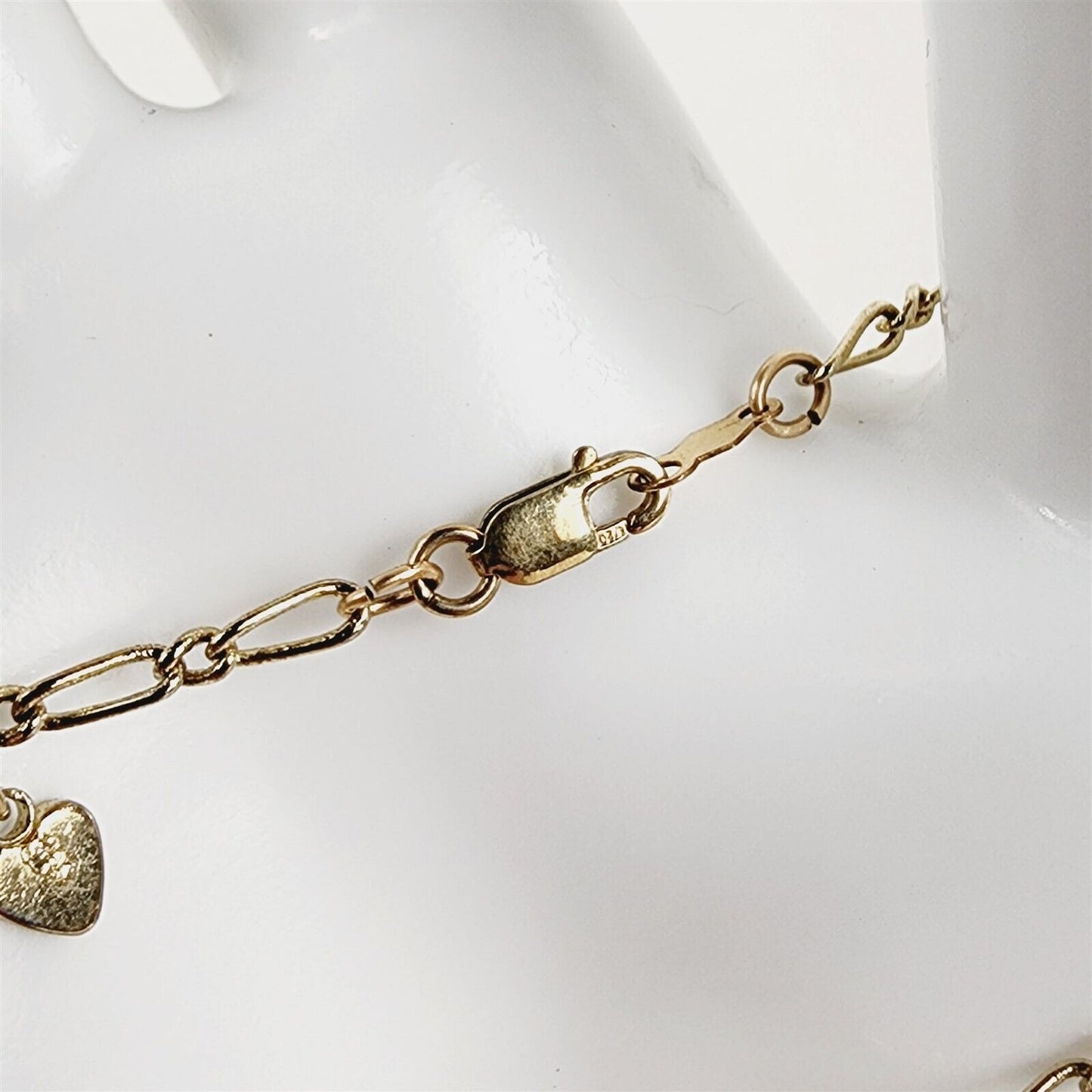 14K Gold Plated Bracelet Figaro Dangling Hearts Charm 2.5mm Chain - 8 1/4"