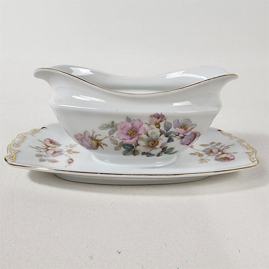 Epiag 02460 Pink & White Flowers Czechoslovakia Gravy Boat w/ Attached Plate