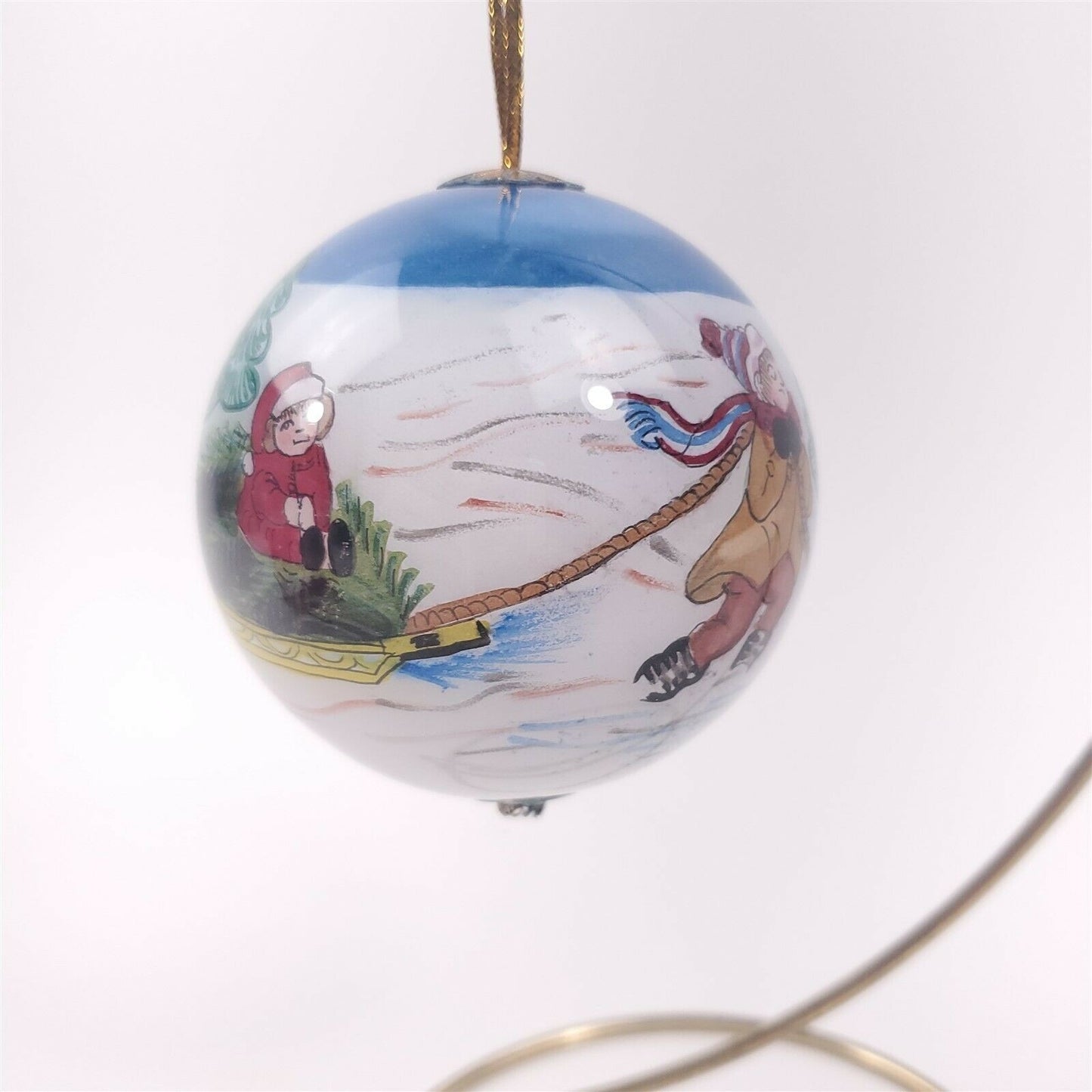 Kids Snowman Sled Reverse Hand Painted Christmas Tree Ornament 3" 1997