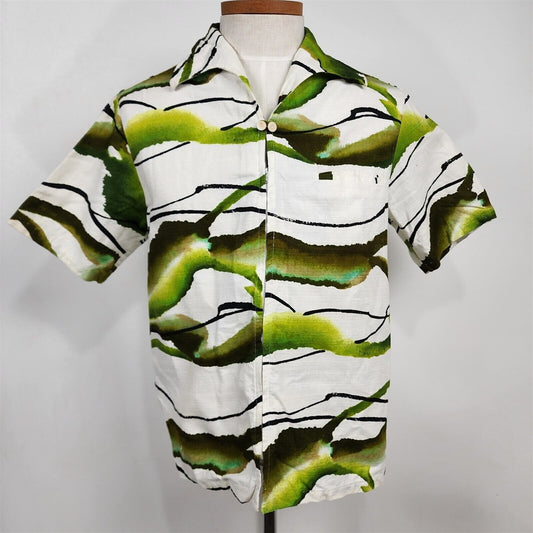 Vintage Ke Lani Hawaiian Shirt Crepe Barkcloth Green Tiki Zip & Button Loop
