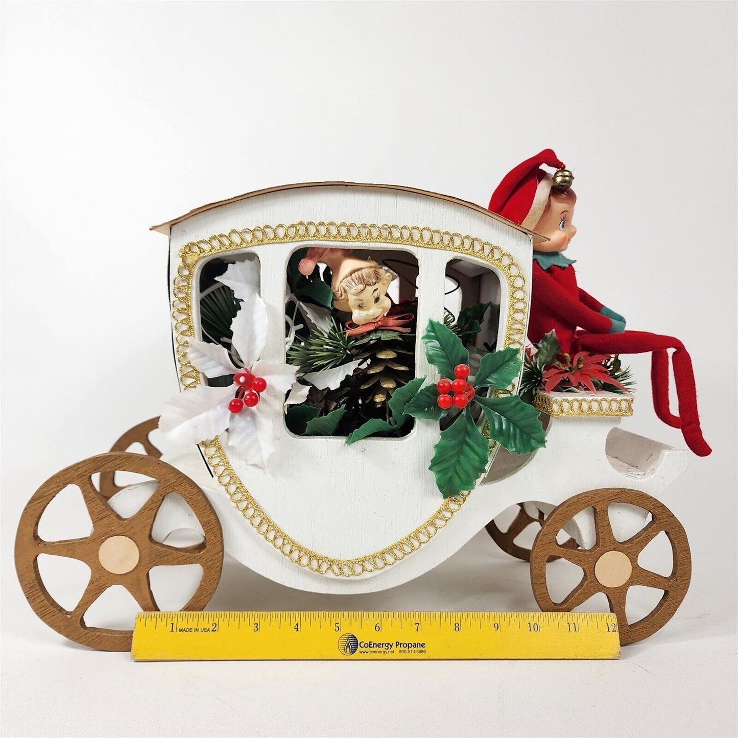Vintage Handmade Wood Christmas Carriage w/ Elves Pinecones Poinsettias