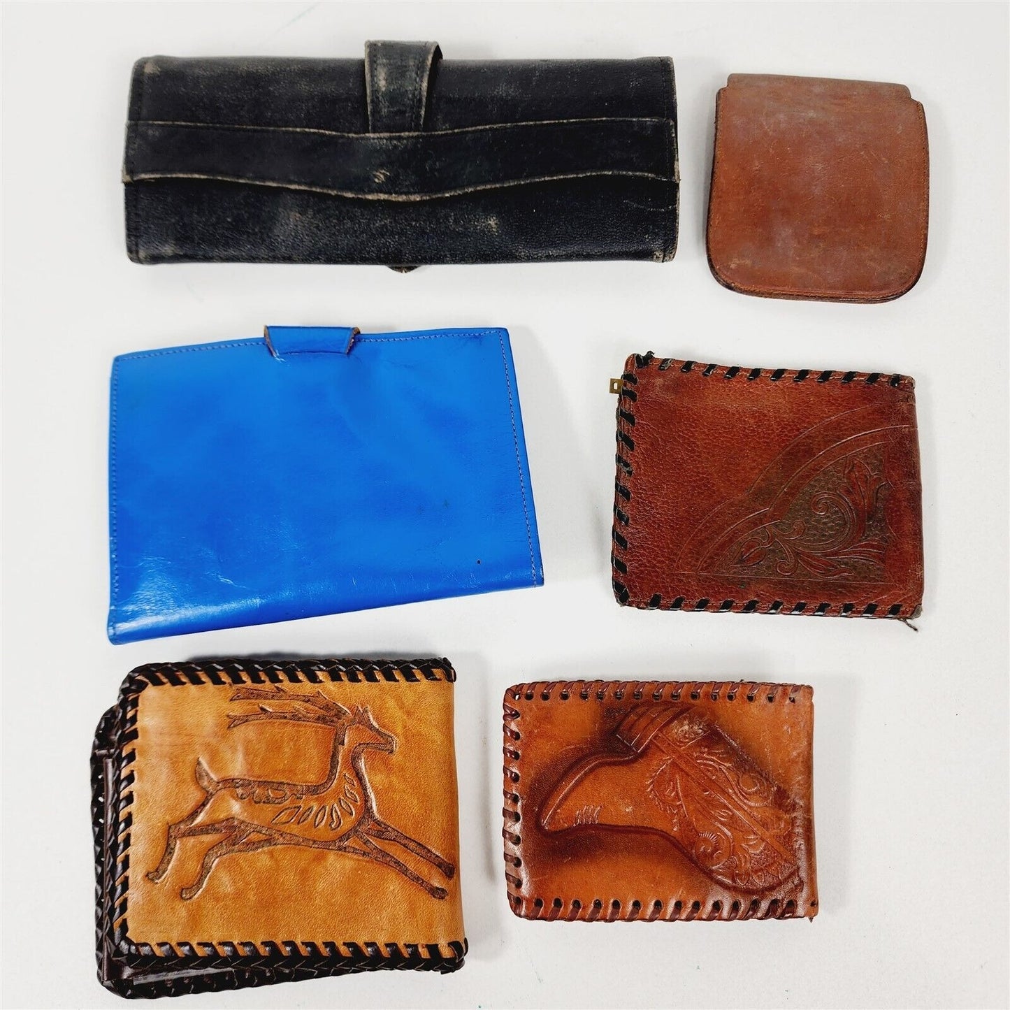 6 Vintage Leather Wallets Tooled Brown Blue Black - 3"-8" wide