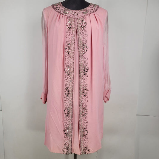 Vintage 1960s Pink Beaded Crepe Sheer Sleeve Dress Womens